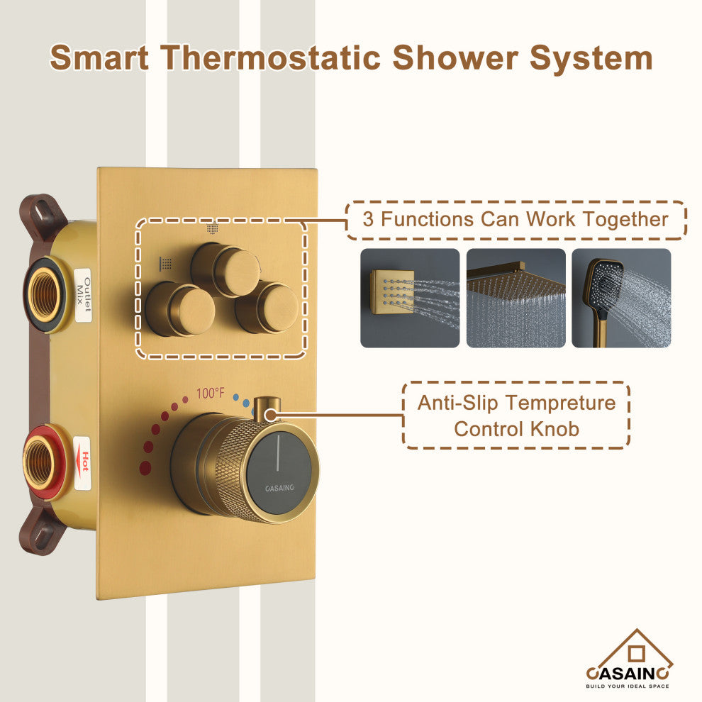 CASAINC 12" Wall Mounted Rainfall Shower Head with 6 Body Jets Shower System, Brushed Gold