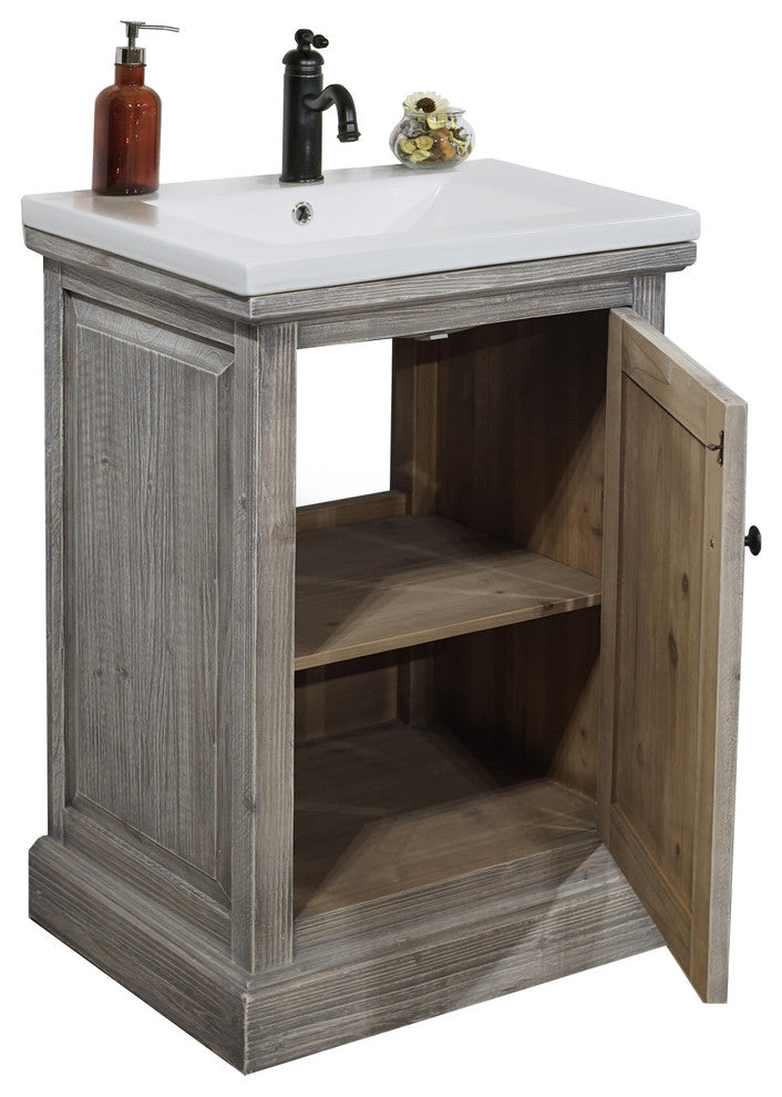 24" Rustic Solid Fir Vanity With Ceramic Single Sink, Gray, No Faucet