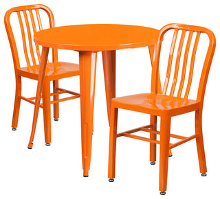 30" Round Orange Metal 3-Piece Table Set With 2 Vertical Slat Back Chairs