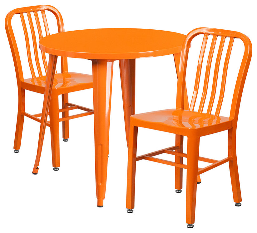 30" Round Orange Metal 3-Piece Table Set With 2 Vertical Slat Back Chairs