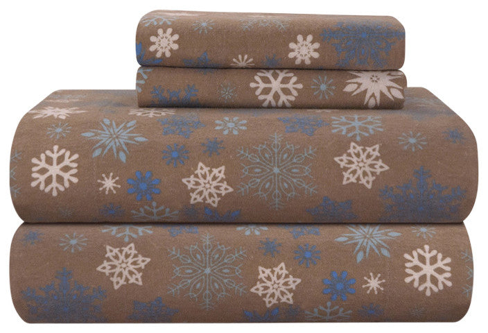 Pointehaven 170 Flannel Sheet Set, Snow Flakes Brown, Full
