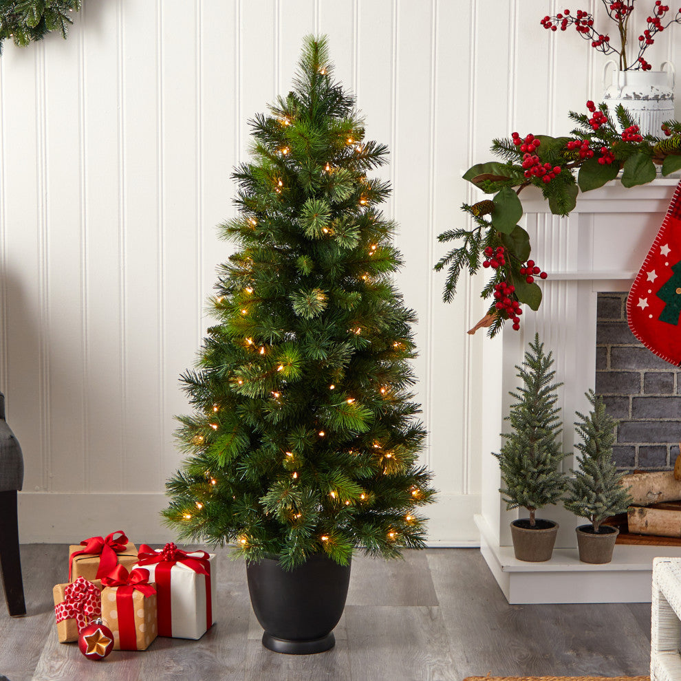 4.5' Oregon Pine Faux Xmas Faux Planter W/250 Bendable Branches & 100 Lights