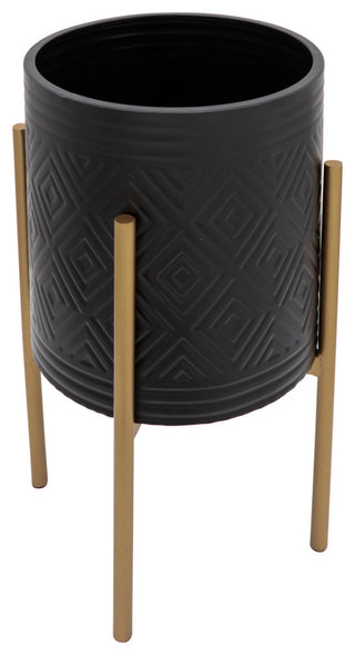 2-Piece Set Aztec Planter On Metal Stand, Black/Gold