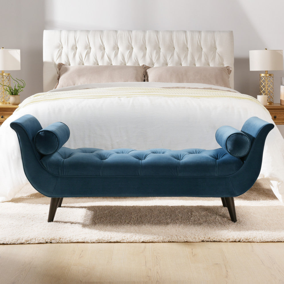 Alma 65" Tufted Entryway Bench With Bolster Pillows, Satin Teal Velvet