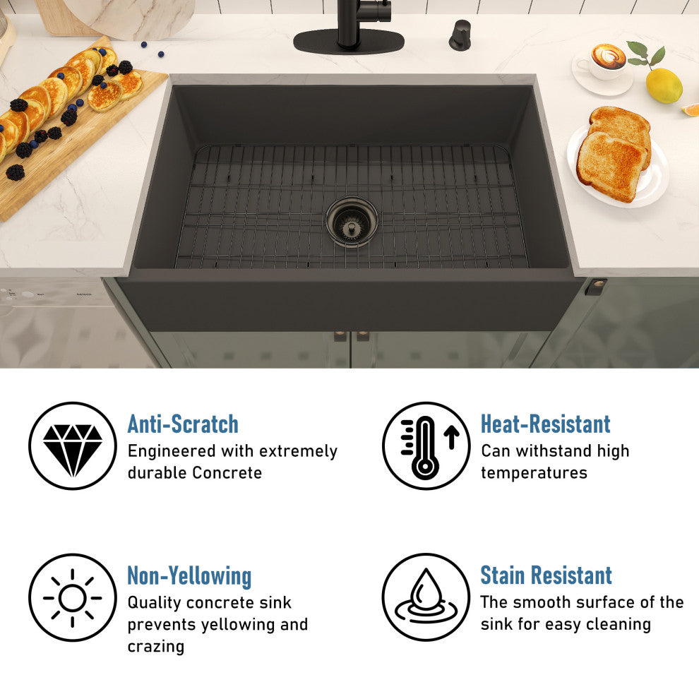 33in Single Bowl Farmhouse Apron Kitchen Sink with Bottom Grid and Drainer, Black Earth