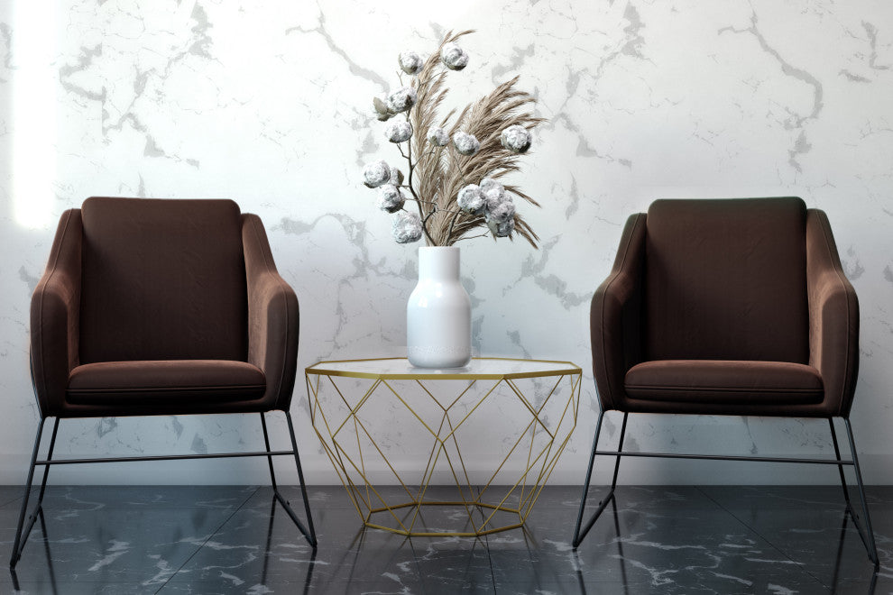 LeisureMod Malibu Modern Geometric Glass Top Coffee Table, Gold