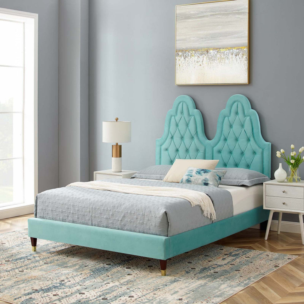 Tufted Platform Bed Frame, Twin Size, Velvet, Blue, Modern Contemporary, Bedroom