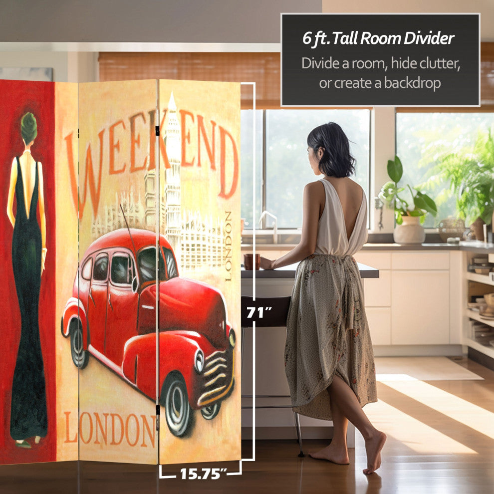 6' Tall Double Sided Vintage Weekend Canvas Room Divider, London
