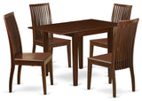5Pc Dining Set, Small Kitchen Table, 4 Chairs, Slat Back, Mahogany