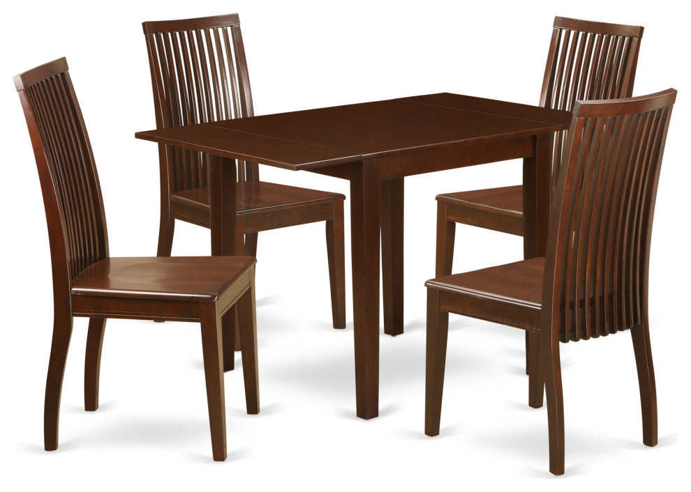 5Pc Dining Set, Small Kitchen Table, 4 Chairs, Slat Back, Mahogany