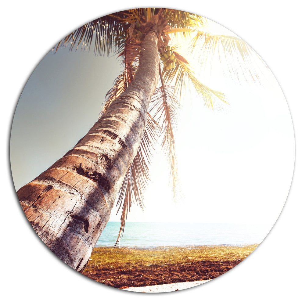 Huge Bent Coconut Tree To Beach, Landscape Disc Metal Artwork, 11"
