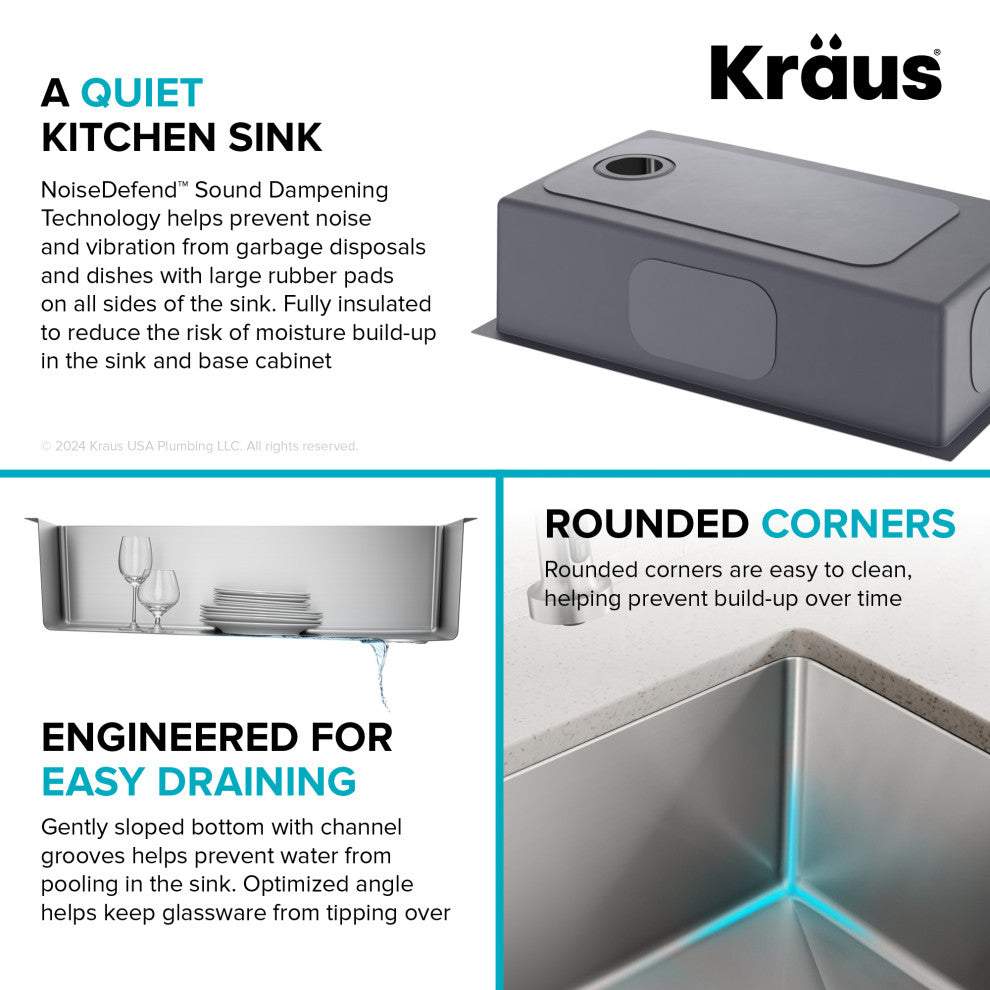 KRAUS Fairlane 33" Undermount 1-Bowl 18 Gauge Stainless Steel Kitchen Sink