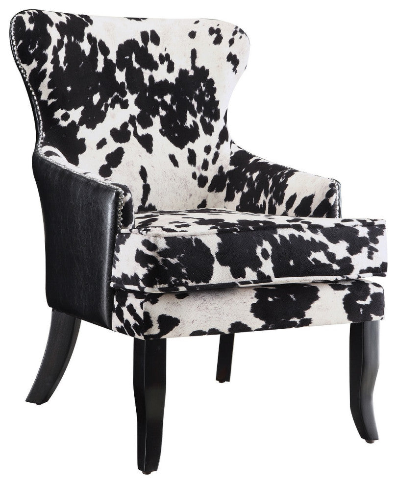 Cowhide Print Accent Chair with Nailhead Trim, Black and White