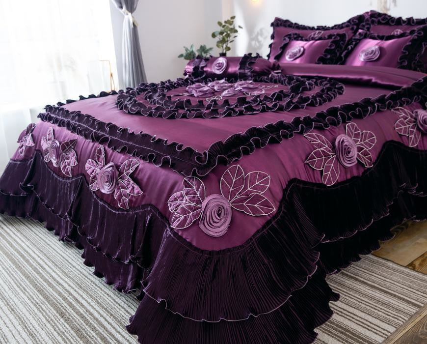 Purple Midnight Bloom Faux Satin Ruffle Comforter Set, Cal King