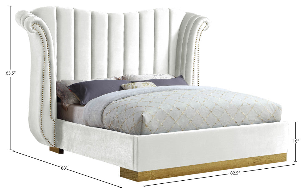Flora Black Velvet Bed, White, Queen