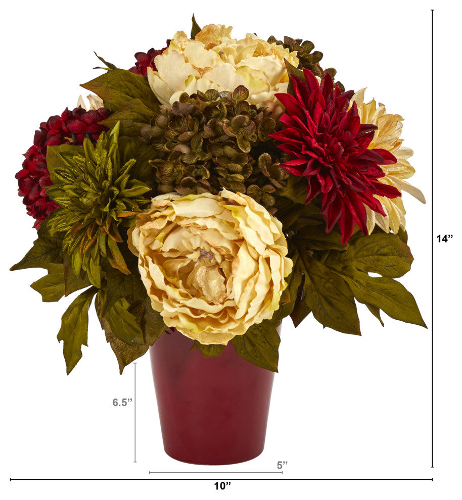 14" Peony, Hydrangea and Dahlia Artificial Arrangement, Burgundy Vase
