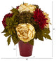 14" Peony, Hydrangea and Dahlia Artificial Arrangement, Burgundy Vase