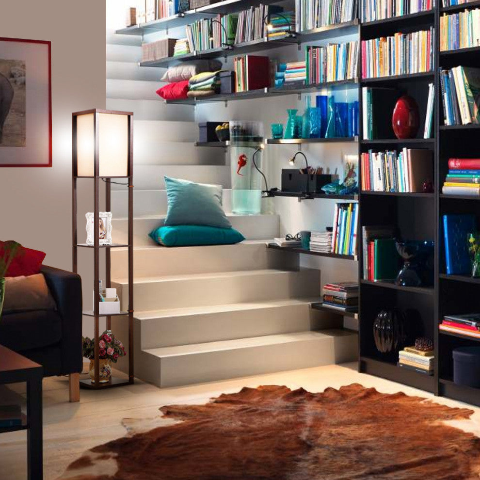 Brightech Maxwell - Modern LED Shelf Floor Lamp - Skinny End Table & Nightstand, Havanah Brown