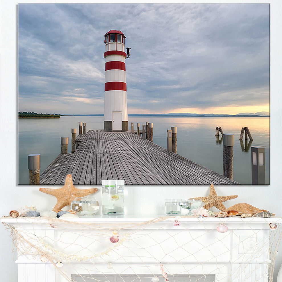 "Lighthouse at Lake Neusiedl at Sunset" Sea Bridge Wall Art, 32"x16"