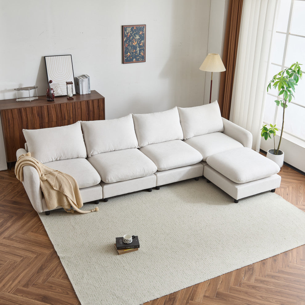 GDF Studio Upholstered Modular Sectional Sofa Set, White Sand, 4 Seater With Ottoman