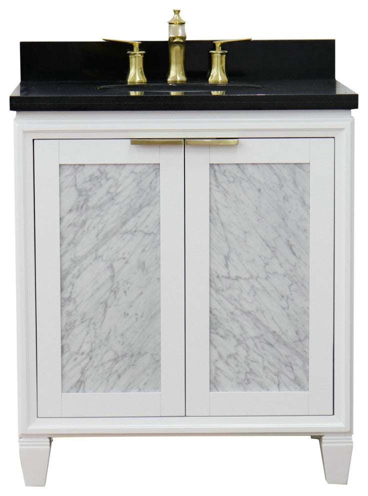 31" Single Sink Vanity, White Finish With Black Galaxy Granite With Oval Sink