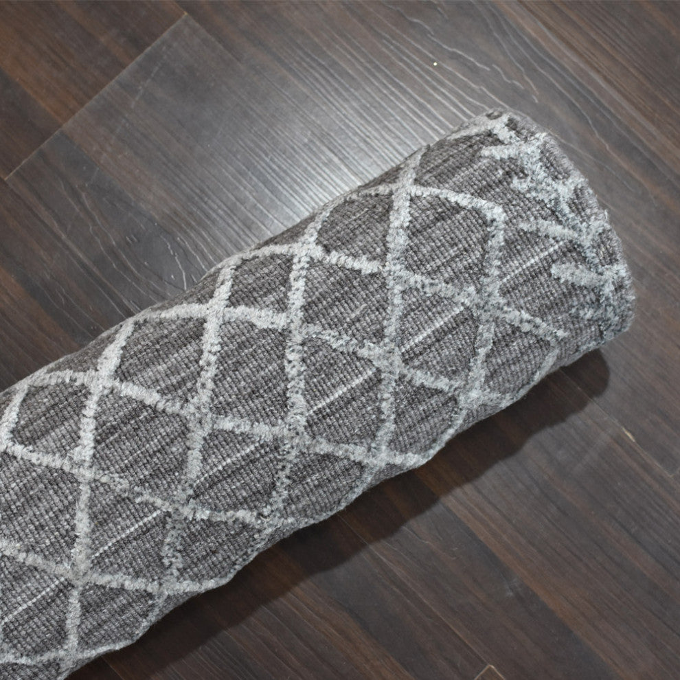 HAND WOVEN FLAT WEAVE KILIM POLYESTER AREA RUGS -Rectangle,Dark Gray,Geometric, [Runner] 2'6''x10'