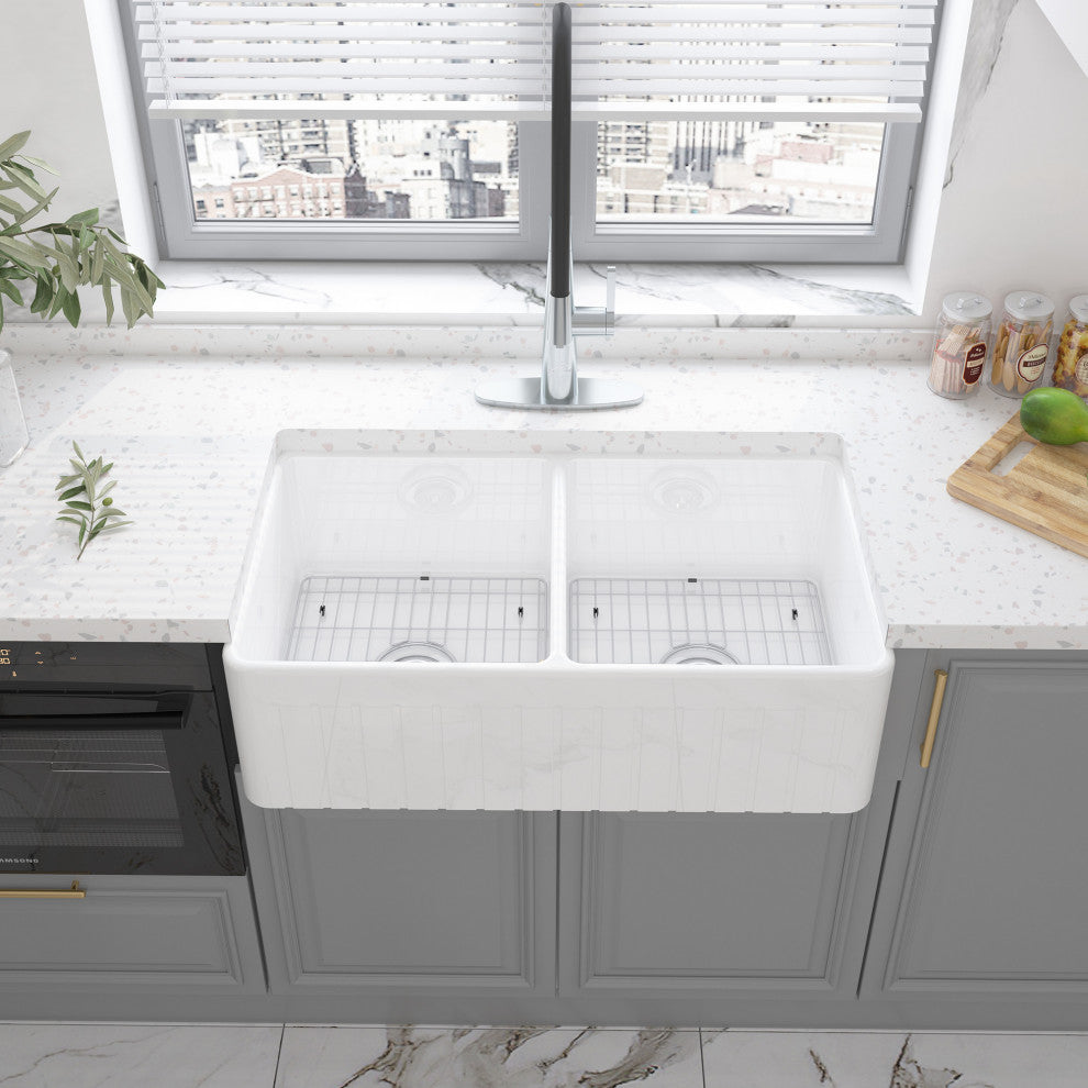 33in Double Bowl Fireclay Farmhouse Apron Kitchen Sink with Striped Design, Glossy White