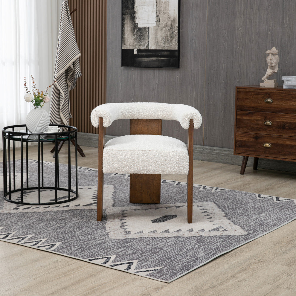 Barrel Boucle Fabric Upholstered Dining Chair, Cream, Walnut Finish
