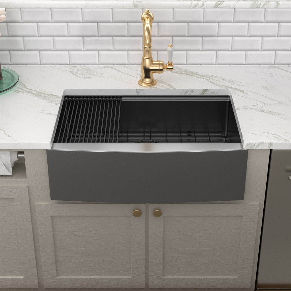 Farmhouse Apron T-304 Stainless Steel Deep Basin Kitchen Sink, Gunmetal Black, 30x22x10 in