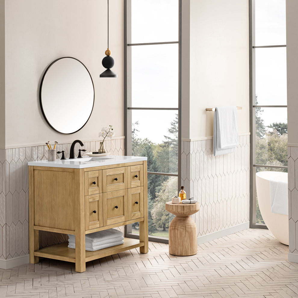 James Martin Breckenridge Bath Vanity, Light Natural Oak, 36", White Zeus, Three-Hole