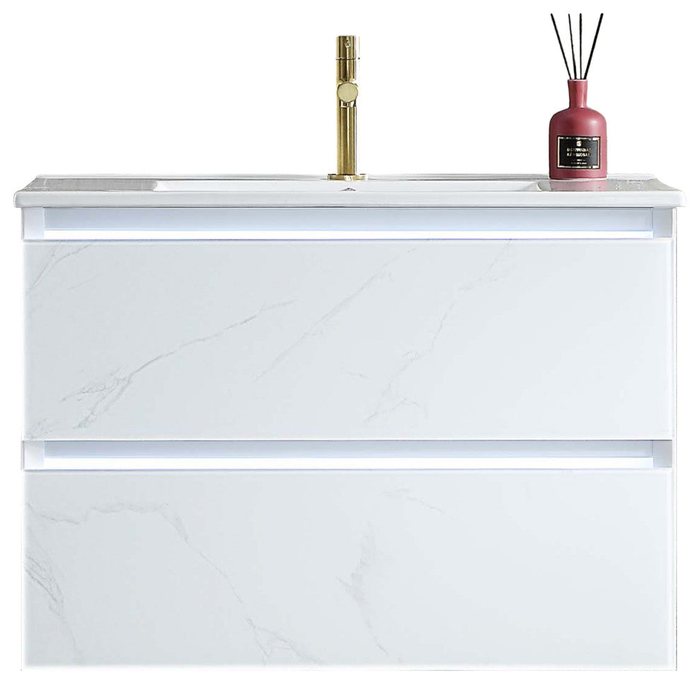 LED Lighted Bathroom Vanity With Ceramic Sink and Dimmed Light, Calacatta White, 30"