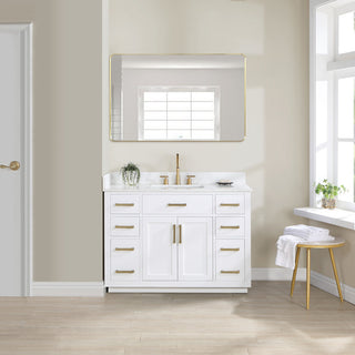 Gavino Vanity with Grain White Composite Stone Top, White/Brushed Gold, 48", No Mirror