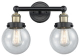 Small Edison Beacon 2-Light 16" Vanity Light, Black Antique Brass, Seedy Shade
