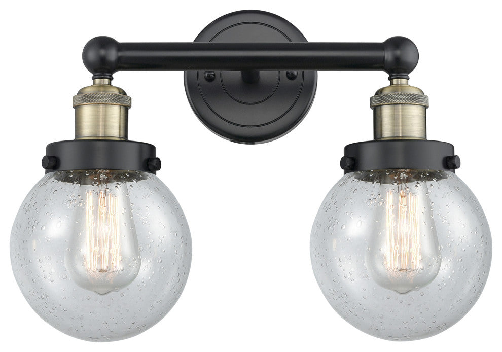 Small Edison Beacon 2-Light 16" Vanity Light, Black Antique Brass, Seedy Shade