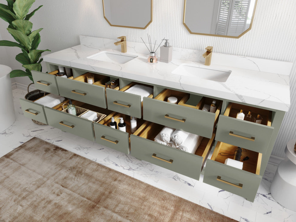 Parker 84" Double Sink Bath Vanity in Evergreen  2" White Quartz