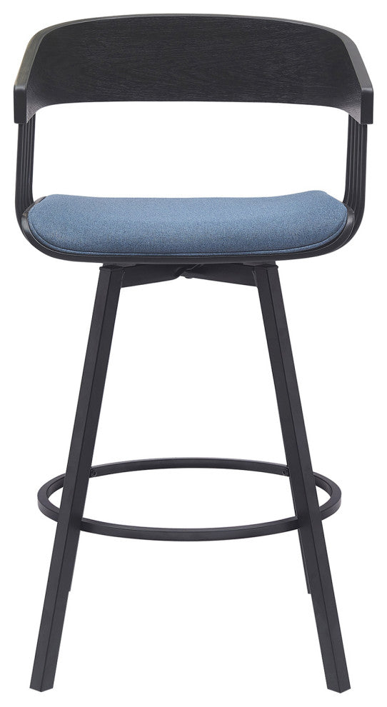 Athena Swivel Black Wood Counter Stool, Blue Fabric With Black Metal