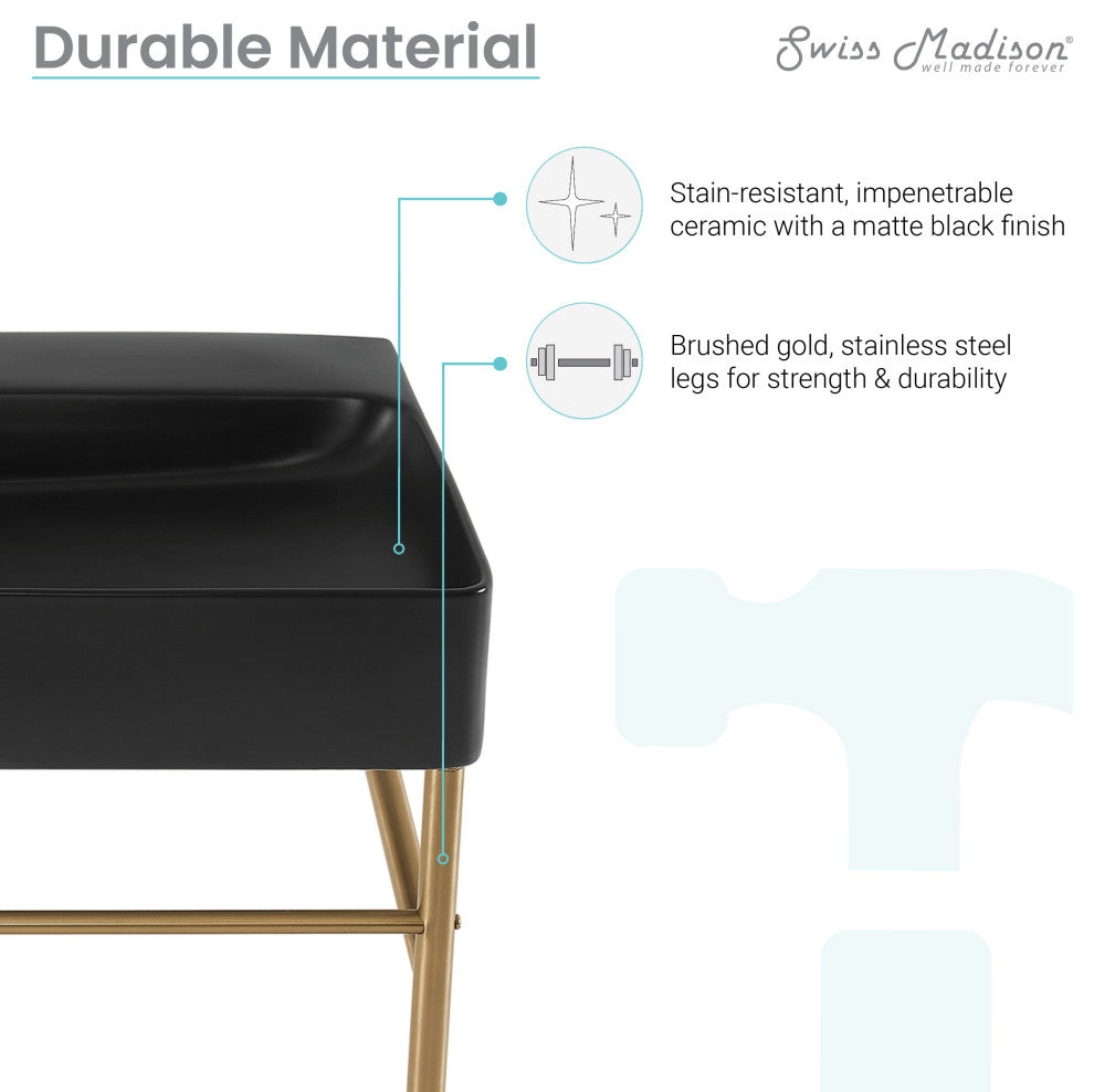 Carre 36" Ceramic Console Sink Matte Black Basin Gold Legs, Brushed Gold