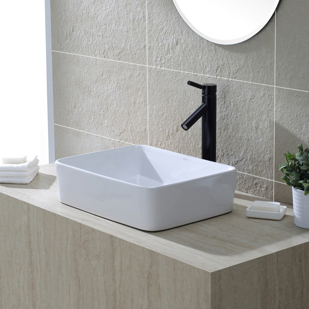 Elavo Ceramic Rectangle Vessel White Sink, PU Drain Oil Rubbed Bronze