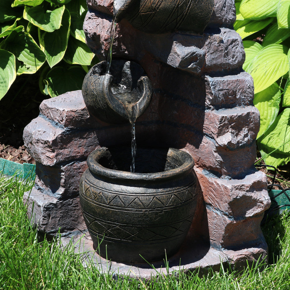 Sunnydaze Crumbling Bricks and Pots Solar-on-Demand LED Fountain, 27"