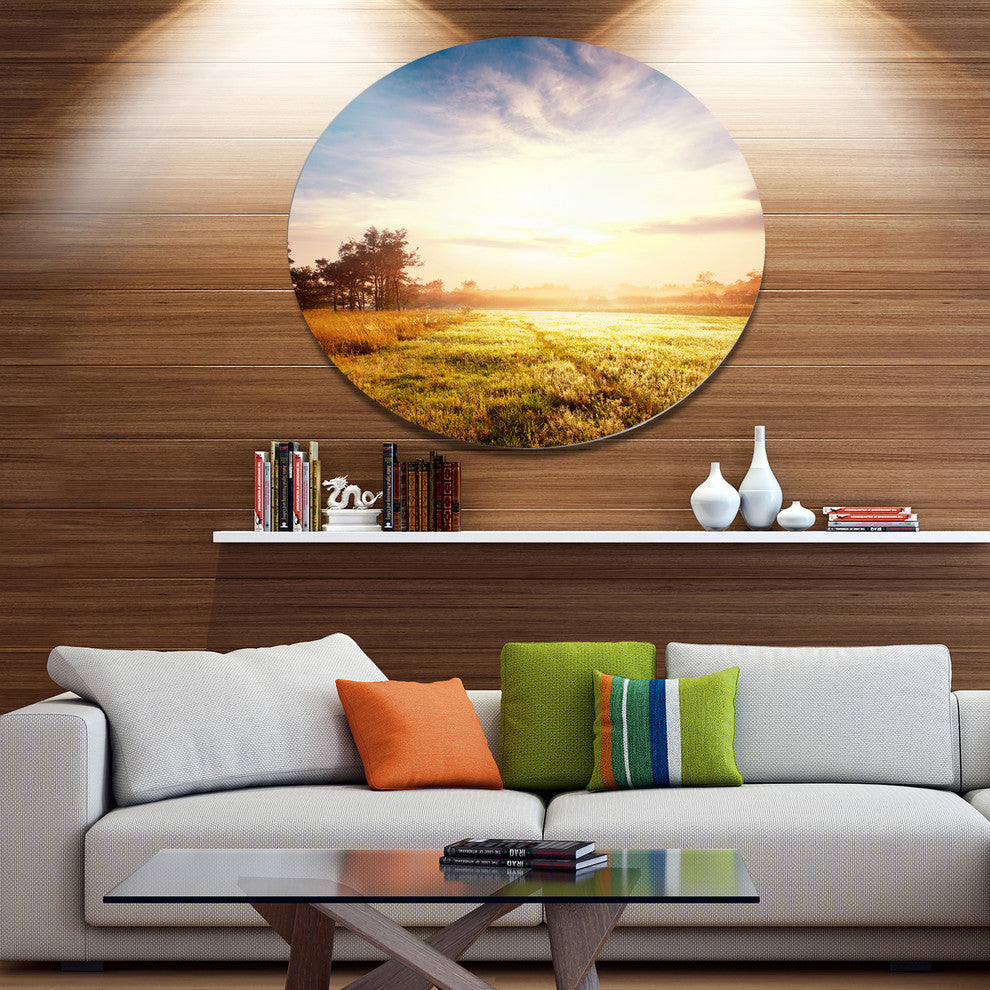 Beautiful Green Pasture On Sunrise, Landscape Disc Metal Wall Art, 36"