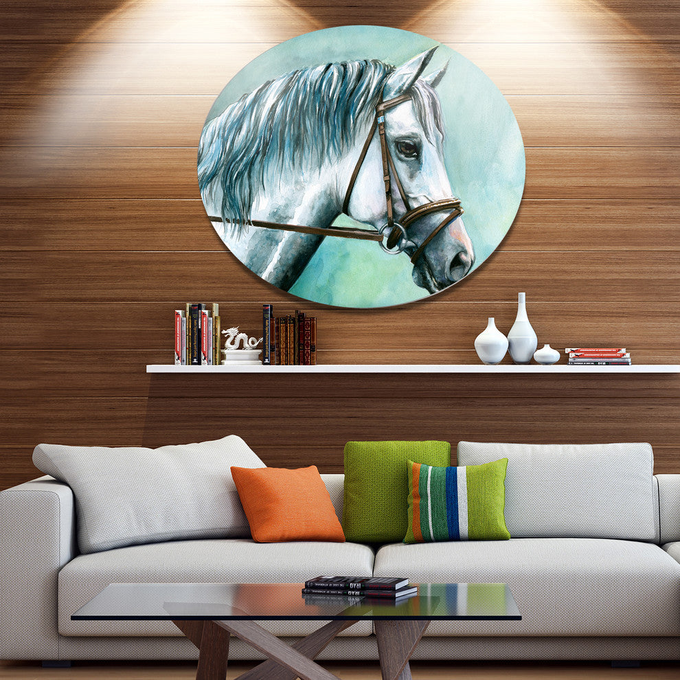 Gray Horse On Blue Background, Animal Round Wall Art, 36"