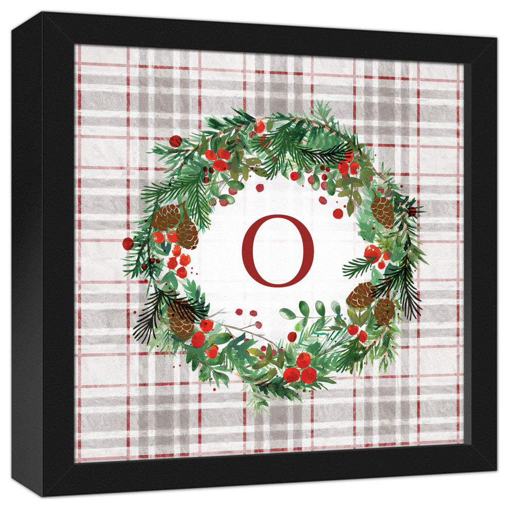 Holiday Gray Plaid Monogram Wreath O 12x12 Black Framed Canvas