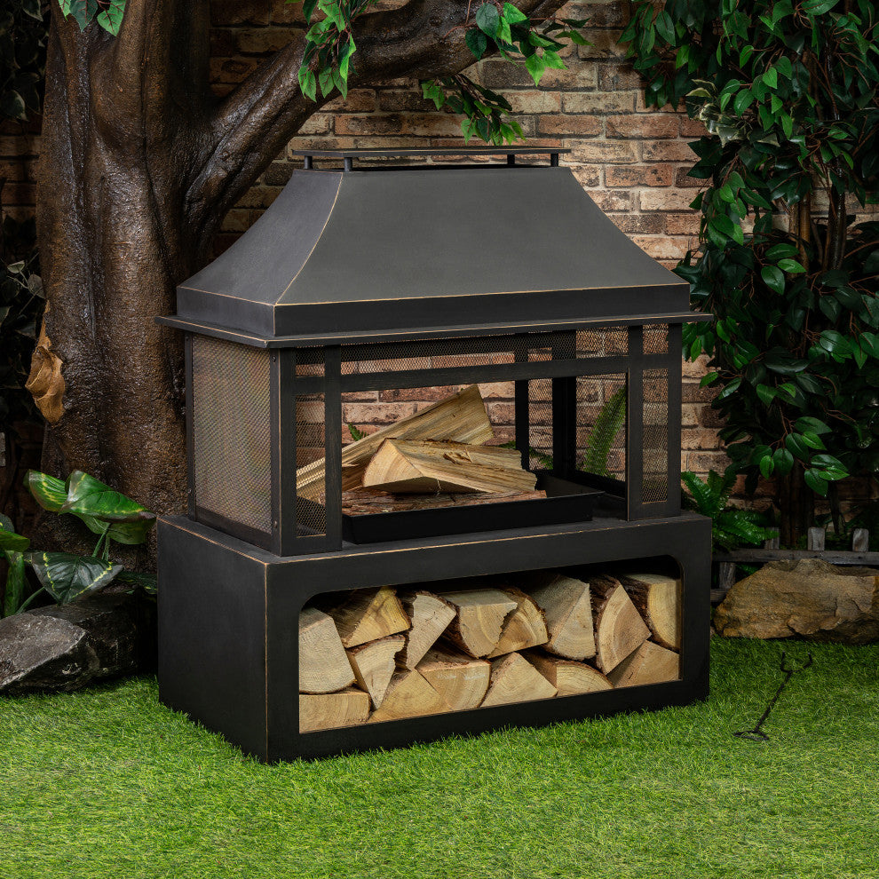 40" Rectangular Outdoor Metal Woodburning Fireplace, Log Storage