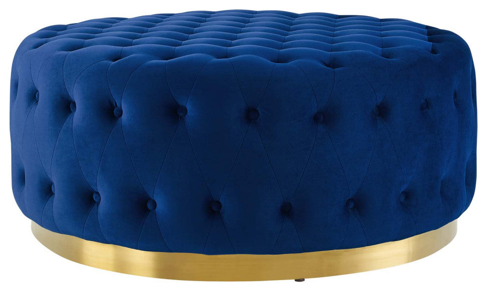 Tufted Accent Chair Ottoman, Round, Velvet, Blue Navy, Modern, Lounge