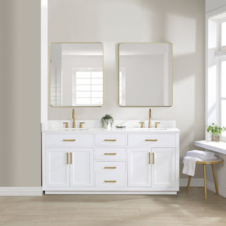 Gavino Vanity With Grain White Composite Stone Top, White/Brushed Gold, 72", No Mirror