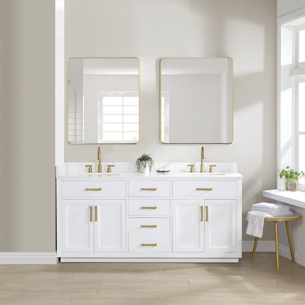 Gavino Vanity With Grain White Composite Stone Top, White/Brushed Gold, 72", No Mirror