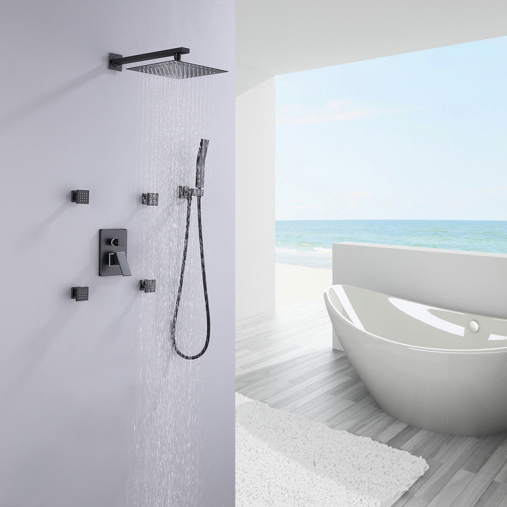 10" Rain Shower System Mixer Handheld Shower 4Pcs Massage Jets, Matte Black