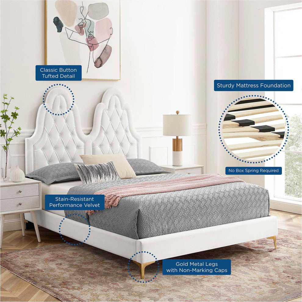 Tufted Platform Bed Frame, Full Size, Velvet, White, Modern Contemporary
