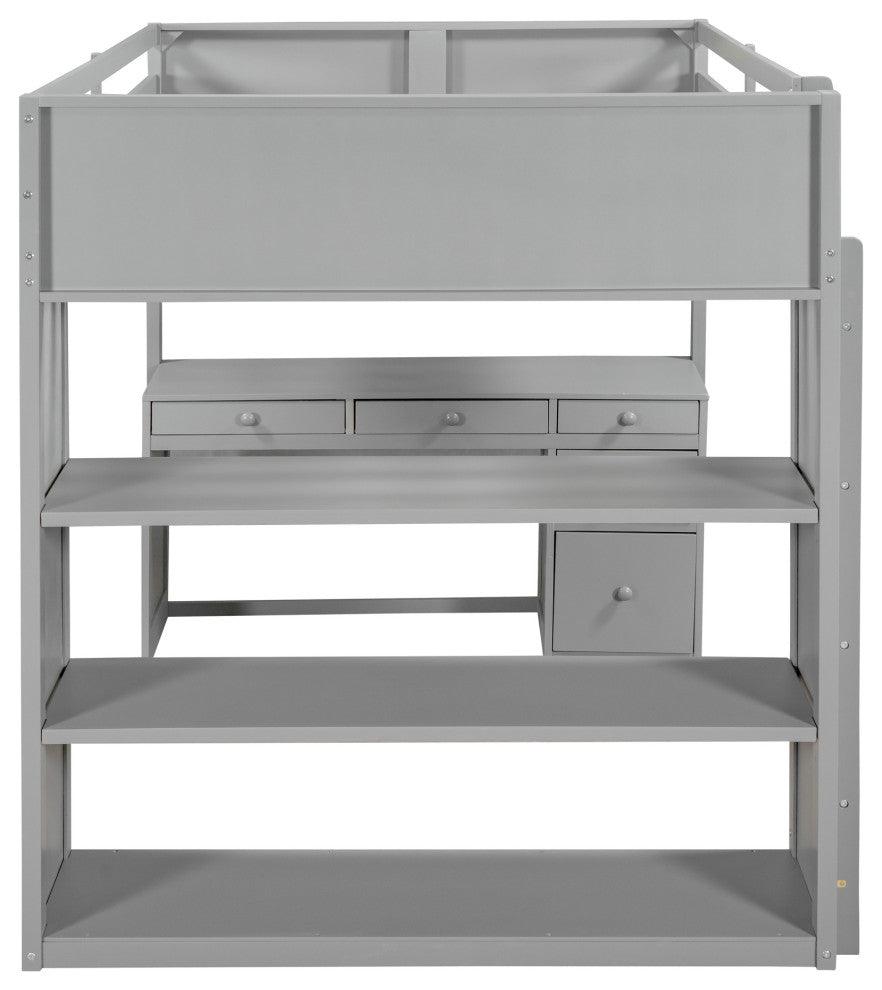 Gewnee Full Size Wood Loft Bed with Ladder,Shelves and Desk in Gray