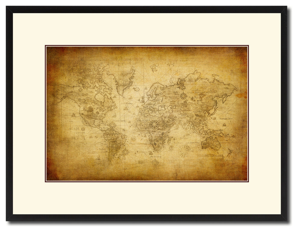 Ancient World Map Print On Canvas With Black Frame, 16" X 21"